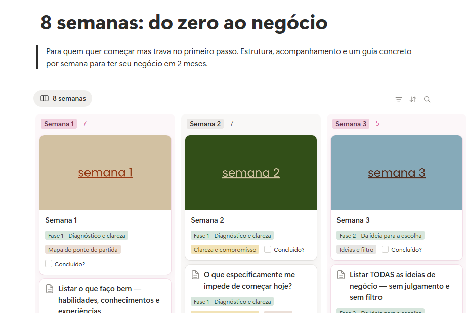 Visão geral das 8 semanas em colunas