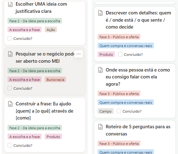 Cards de tarefas com tags por fase